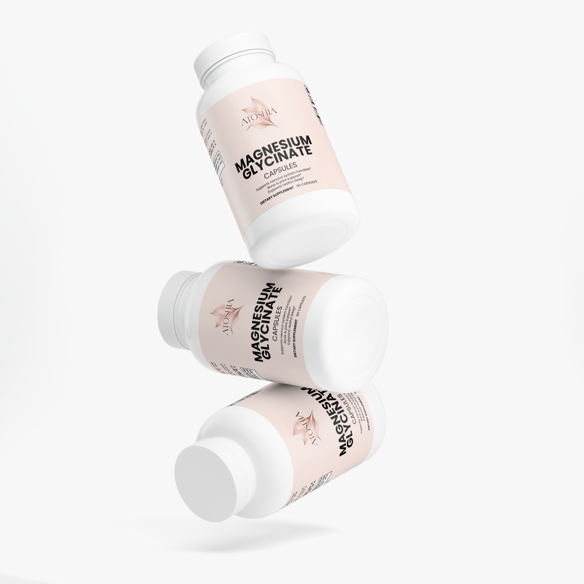 Atoshia Magnesium Glycinate bottle, side view with suggested use directions
