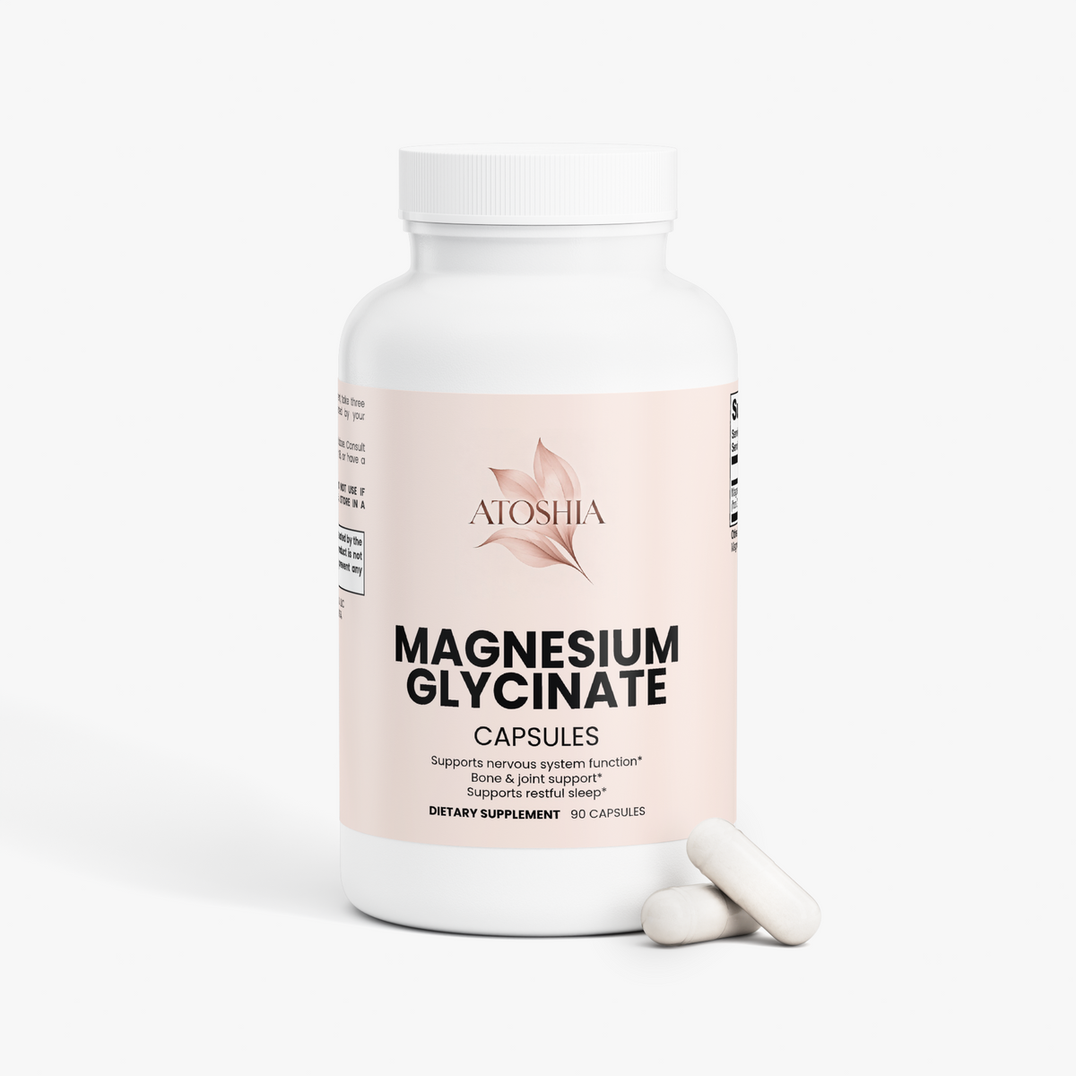 Atoshia Magnesium Glycinate bottle, angled view showing 275mg dosage