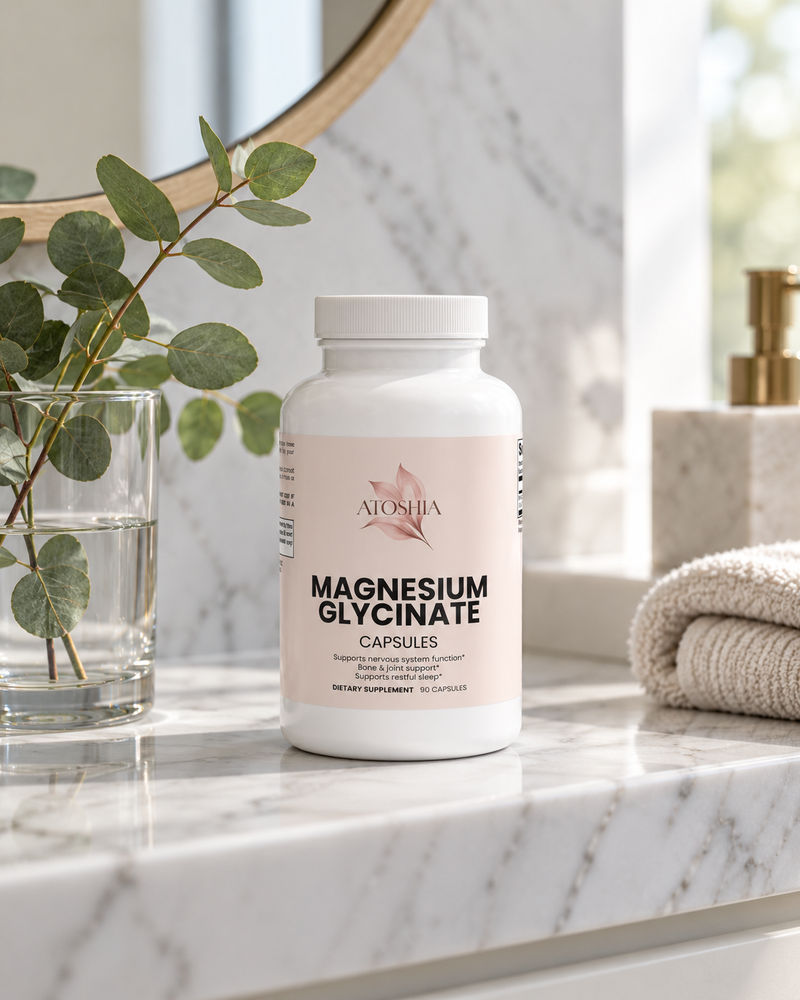 Atoshia Magnesium Glycinate - bathroom counter lifestyle